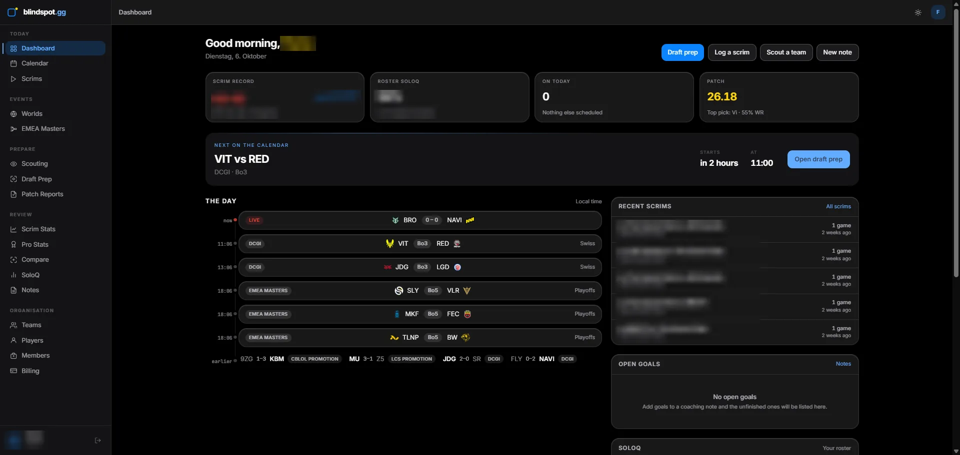 The dashboard: scrim record, roster SoloQ, next match on the calendar and recent scrims.